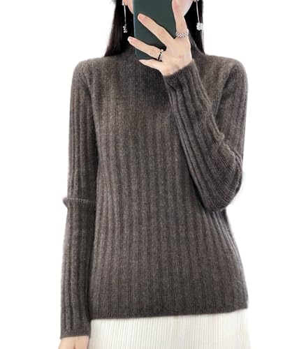 Ailaile 100% Merinowolle Pullover Damen Mock Neck Langarm Groove Streifen Pullover Herbst Winter Warm Strickoberteile, mokkabraun, Klein von Ailaile