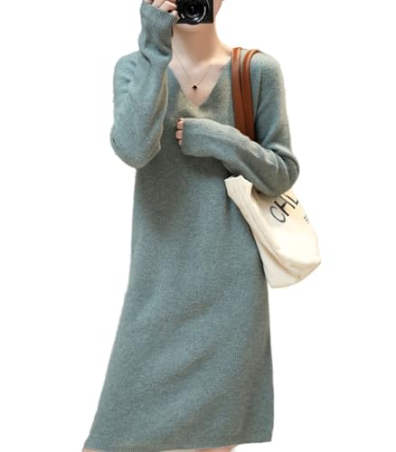 Ailaile 100% Merinowolle Pullover Damen V-Ausschnitt Langarm Strick Longpullover Herbst Winter Dicke Tops, Grau / Grün, Klein von Ailaile