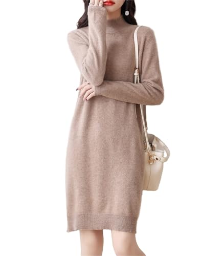 Ailaile 100% Merinowolle Pulloverkleid Damen Langarm Mock Neck Pullover Herbst Winter Strick Langes Kleid, CAMEL, Mittel von Ailaile