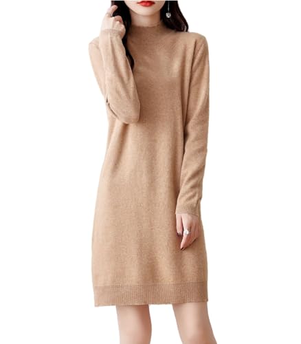 Ailaile 100% Merinowolle Pulloverkleid Damen Langarm Mock Neck Pullover Herbst Winter Strick Longpullover, Gold Camel, X-Groß von Ailaile