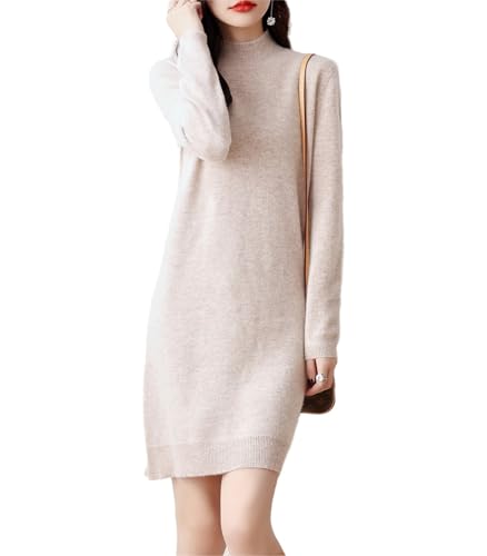 Ailaile 100% Merinowolle Pulloverkleid Damen Langarm Mock Neck Pullover Herbst Winter Strick Longpullover, Milchkamel, Groß von Ailaile