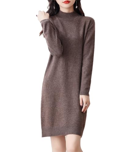 Ailaile 100% Merinowolle Pulloverkleid Damen Langarm Mock Neck Pullover Herbst Winter Strick Longpullover, mokkabraun, XX-Large von Ailaile