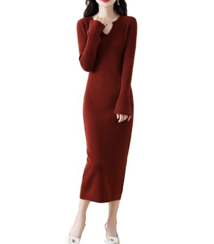 Ailaile 100% Merinowolle Pulloverkleid Damen Langarm Strick V-Ausschnitt Pullover Herbst Winter Slim Long Tops, Ziegelrot, Mittel von Ailaile