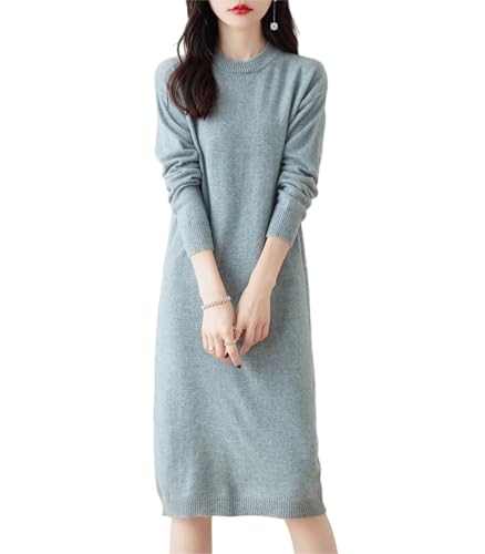 Ailaile 100% Merinowolle Pulloverkleid Damen Mittellang O-Ausschnitt Langarm Pullover Rundhals Herbst Winter Strickkleid, Grau / Grün, Groß von Ailaile