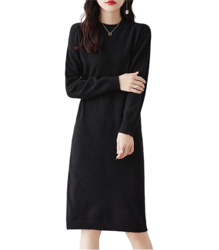 Ailaile 100% Merinowolle Pulloverkleid Damen Mittellang O-Ausschnitt Langarm Pullover Rundhals Herbst Winter Strickkleid, Schwarz, Klein von Ailaile