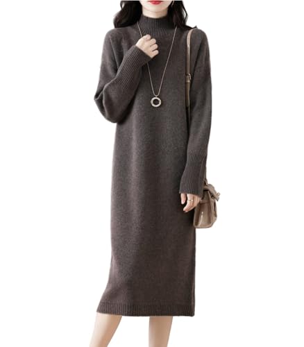 Ailaile 100% Merinowolle Pulloverkleid Damen Stehkragen Langarm Dicker Pullover Herbst Winter Strick Lange Tops, mokkabraun, X-Groß von Ailaile