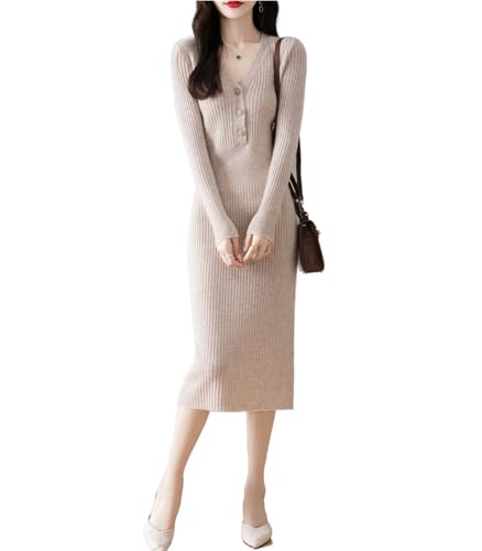 Ailaile 100% Merinowolle Pulloverkleid Damen Strickkleid Knopf V-Ausschnitt Pullover Herbst Winter Slim Long Tops, Milchkamel, Mittel von Ailaile