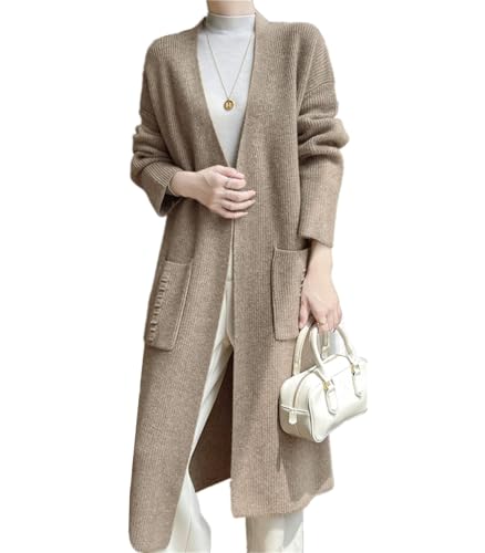 Ailaile 100% Merinowolle Strickpullover Strickjacken Damen Dicker Langer Mantel mit Taschen Jacke Winter, CAMEL, Groß von Ailaile