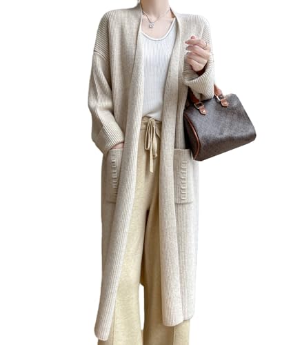 Ailaile 100% Merinowolle Strickpullover Strickjacken Damen Dicker Langer Mantel mit Taschen Jacke Winter, Milchkamel, Mittel von Ailaile