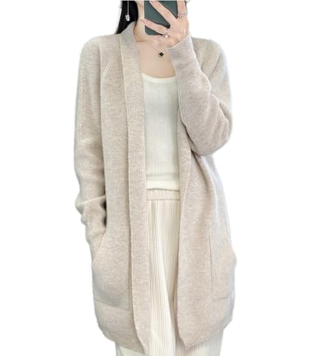 Ailaile 100% Merinowolle Strickpullover Strickjacken Damen Dicker Mantel mit Taschen Jacke Herbst Winter, Milchkamel, Groß von Ailaile
