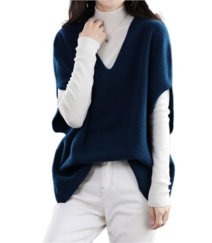 Ailaile Damen Pullover Weste 100% Merinowolle Leicht Ärmellos Pullover V-Ausschnitt Strick Basic Weste Kurze Oberteile, Blau (Ink Blue), Mittel von Ailaile