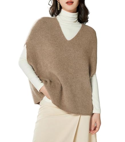 Ailaile Damen Pullover Weste 100% Merinowolle Leicht Ärmellos Pullover V-Ausschnitt Strick Basic Weste Kurze Oberteile, CAMEL, Mittel von Ailaile