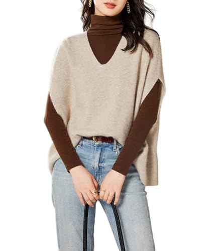 Ailaile Damen Pullover Weste 100% Merinowolle Leicht Ärmellos Pullover V-Ausschnitt Strick Basic Weste Kurze Oberteile, Milchkamel, Groß von Ailaile