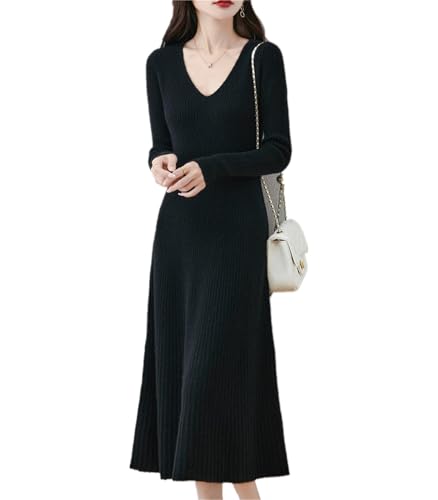Ailaile Damen Pulloverkleid 100% Merinowolle Pullover Langarm V-Ausschnitt Strick Slim Tops, Schwarz, Groß von Ailaile