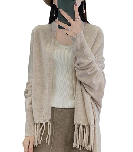 Ailaile Damen Strickjacken Merinowolle Strick Schal Quaste Poncho Cape Mantel Open Front Decke Wraps, Milch Kamel, Einheitsgröße von Ailaile