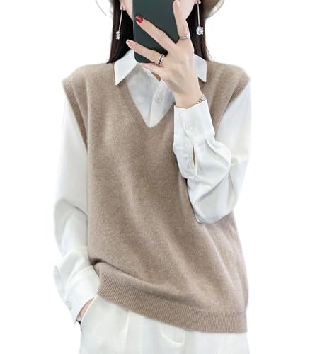 Ailaile Damen V-Ausschnitt Strickpullover Weste 100% Merinowolle Leicht Ärmellos Pullover Basic Weste Kurze Tops, CAMEL, Mittel von Ailaile