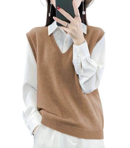 Ailaile Damen V-Ausschnitt Strickpullover Weste 100% Merinowolle Leicht Ärmellos Pullover Basic Weste Kurze Tops, Gold Camel, 3X-Groß von Ailaile