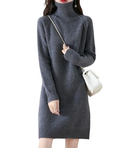 Ailaile Dickes Pulloverkleid Damen Rollkragen Raglanärmel Merinowolle Pullover Herbst Winter Strick Lange Oberteile, grau dunkel, Klein von Ailaile