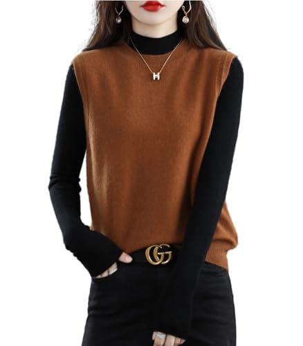 Ailaile Gestrickte O-Neck Weste Damen Pullover 100% Merinowolle Ärmellos Pullover Basic Weste Kurz Tops, Caramel, Mittel von Ailaile
