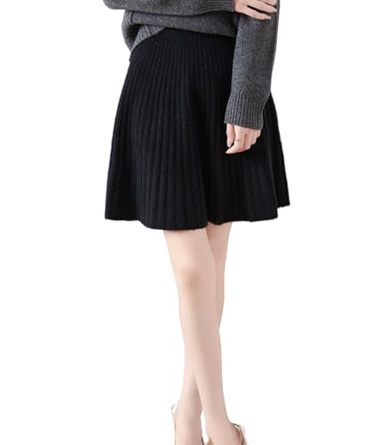 Ailaile Kurzer Rock für Damen Herbst Winter 100% Merinowolle Strickrock Mädchen gerippte elastische Taille Röcke, Schwarz, Klein von Ailaile