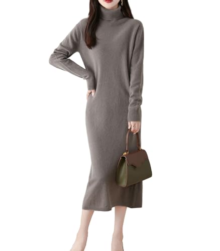 Ailaile Langes Pulloverkleid Damen Rollkragen Langarm 100% Merinowolle Pullover Winter Strick Warm Tops, Grau - Stone Gray, Mittel von Ailaile