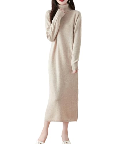 Ailaile Langes Pulloverkleid Damen Rollkragen Langarm 100% Merinowolle Pullover Winter Strick Warm Tops, Milchkamel, Klein von Ailaile