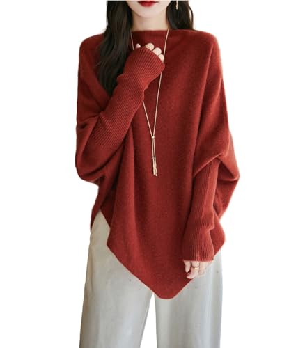 Ailaile Lose Pullover Damen U-Boot-Ausschnitt Langarm 100% Merinowolle Strickpullover Herbst Winter Unregelmäßige Warme Tops, Ziegelrot, Einheitsgröße von Ailaile