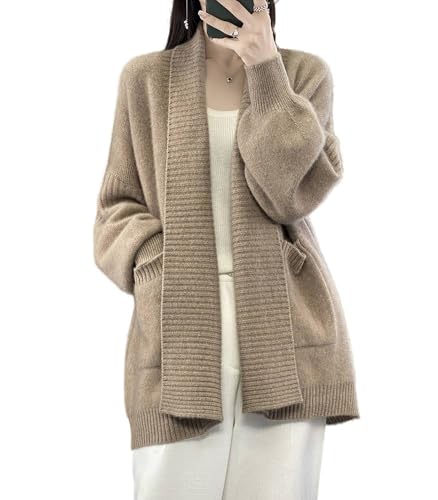 Ailaile Merinowolle Cardigan Pullover Damen Herbst Winter Dicke Warme Outwear Gestrickte Offene Front Mantel mit Taschen, Dunkles Camel, Mittel von Ailaile