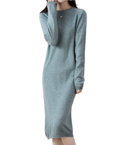 Ailaile Pulloverkleid Damen 100% Merinowolle O-Ausschnitt Lange Raglanärmel Strickpullover Rundhals Tops, Grau / Grün, Groß von Ailaile