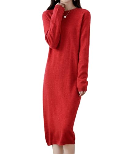 Ailaile Pulloverkleid Damen 100% Merinowolle O-Ausschnitt Lange Raglanärmel Strickpullover Rundhals Tops, Kirschrot, Groß von Ailaile