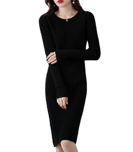 Ailaile Pulloverkleid Damen Merinowolle O-Ausschnitt Langarm Strickpullover Rundhalsausschnitt Slim Fit Herbst Winter Tops, Schwarz, X-Groß von Ailaile