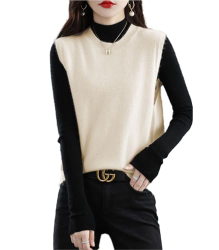 Ailaile Strick O-Neck Weste Damen Pullover 100% Merinowolle Ärmellos Pullover Basic Weste Kurz Tops, Beige, Klein von Ailaile