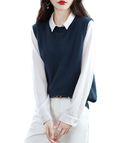 Ailaile Strick O-Neck Weste Damen Pullover 100% Merinowolle Ärmellos Pullover Basic Weste Kurz Tops, Blau (Ink Blue), Klein von Ailaile