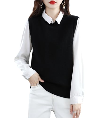 Ailaile Strick O-Neck Weste Damen Pullover 100% Merinowolle Ärmellos Pullover Basic Weste Kurz Tops, Schwarz, X-Groß von Ailaile