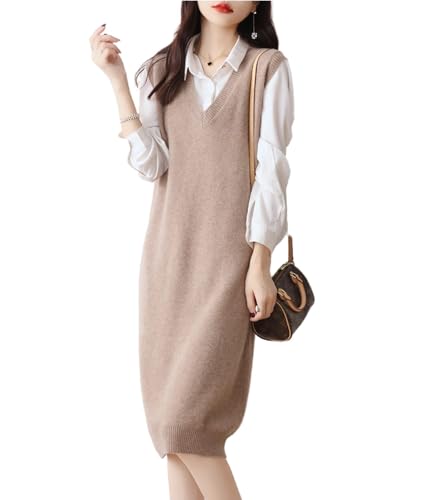Ailaile Strickpullover mit V-Ausschnitt, für Damen, 100 % Merinowolle, ärmellos, einfarbig, lange Weste, Kleid, CAMEL, Mittel von Ailaile