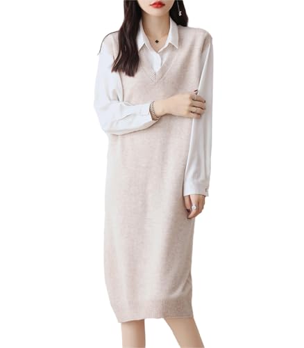 Ailaile Strickpullover mit V-Ausschnitt, für Damen, 100 % Merinowolle, ärmellos, einfarbig, lange Weste, Kleid, Milchkamel, Mittel von Ailaile
