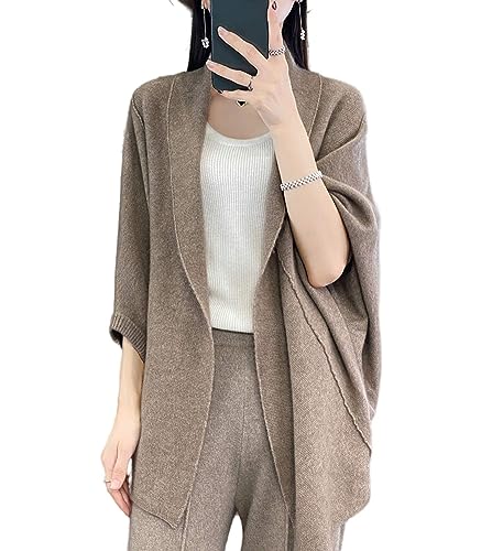Damen Schal Wrap Pullover Merino Wolle Strick Cardigan Open Front Poncho Ruana Cape für Herbst Winter, Dunkles Camel, Einheitsgröße von Ailaile