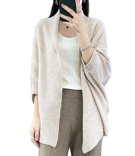Damen Schal Wrap Pullover Merino Wolle Strick Cardigan Open Front Poncho Ruana Cape für Herbst Winter, Milch Kamel, Einheitsgröße von Ailaile