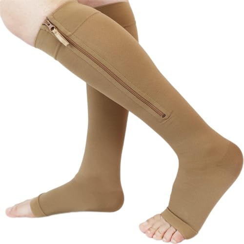 Ailaka Medical Zipper Kompressions-Wadensocken 20-30 mmHg für Frauen und Männer, kniehohe, offene Zehen, feste Unterstützung abgestufte Krampfadern Strumpfwaren für Ödeme, Schwellungen von Ailaka