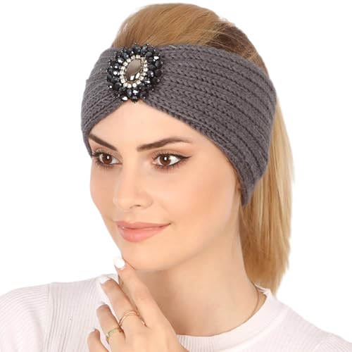 Ailan Damen Stirnband mit Strasssteinen, leicht, langlebig, rutschfest, stilvoll, schweißabsorbierend, Ohrenwärmer aus Polyester, Kopfwärmer, Dunkelgrau von Ailan