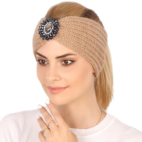 Ailan Damen Stirnband mit Strasssteinen, leicht, langlebig, rutschfest, stilvoll, schweißabsorbierend, Ohrenwärmer aus Polyester, Kopfwärmer, Leicht gebräunt von Ailan