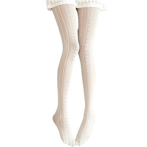 Ailan Gestrickte Baumwollstrumpfhose Spitzenstrumpfhose Hautfreundlich Strumpf mit hoher Taille Aushöhlen Gestreifte Strümpfe Strumpfhose Gute Elastizität, Weiss von Ailan