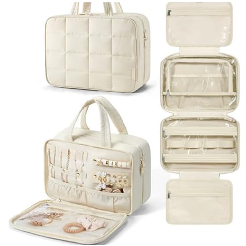 Ailan Hängende Toilettenartikel für Damen, Reise Make up, mit 4 Fächern, wasserdicht und praktisch für unterwegs, zu Hause und am Strand, cremefarben, 28 * 12 * 20CM von Ailan