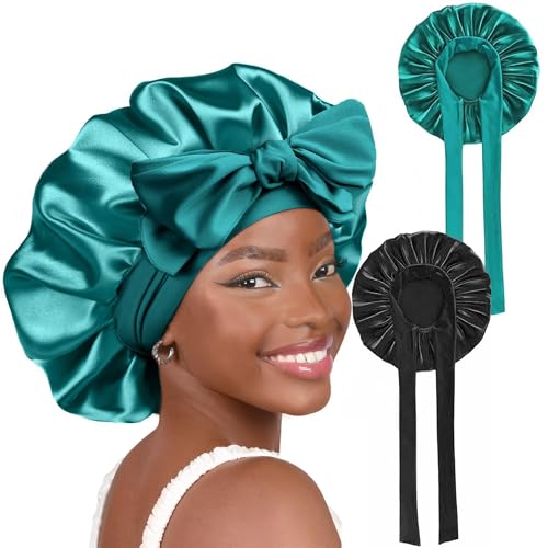 Doppelschichtige Seidenhaube mit verstellbarem Bindeband, sicherer Mehrzweck-Haarschutz für Frauen, Schwarz und Grün, Schwarz, Einheitsgröße von Ailiheng