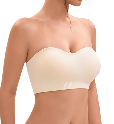 Damen Trägerloser BH Ohne Bügel,Soft Große Größen Push Up Bandeau Top Rutschfestes Silikon Bralette Nahtlose Tube Top mit Klare und Beige Träger von Ailixcozy