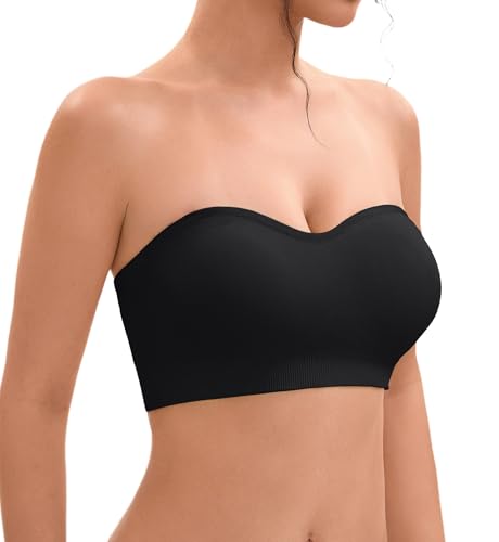 Damen Trägerloser BH Ohne Bügel,Soft Große Größen Push Up Bandeau Top Rutschfestes Silikon Bralette Nahtlose Tube Top mit Klare und Schwarz Träger von Ailixcozy