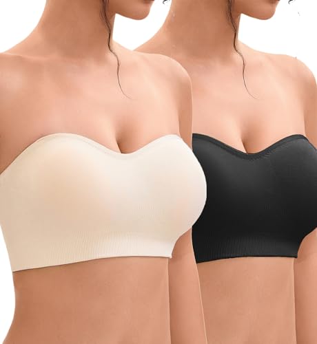 Damen Trägerloser BH Ohne Bügel,Soft Große Größen Push Up Bandeau Top Rutschfestes Silikon Bralette Nahtlose Tube Top mit Klare und Schwarz & Beige Träger von Ailixcozy