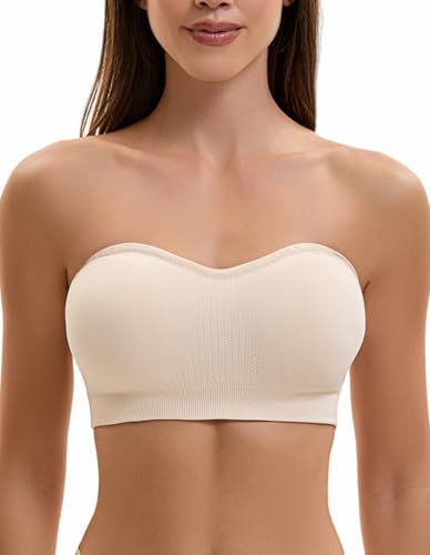 Damen Trägerloser BH Push Up Ohne Bügel Bandeau Top Große Größen Rutschfestes Silikon Bralette Nahtlose Tube Top mit Klare und Beige Träger von Ailixcozy