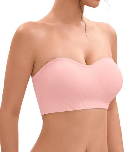 Damen Trägerloser BH Push Up Ohne Bügel Bandeau Top Große Größen Rutschfestes Silikon Bralette Nahtlose Tube Top mit Klare und Rosa Träger von Ailixcozy