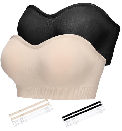 Damen Trägerloser BH Push Up Ohne Bügel Bandeau Top Große Größen Rutschfestes Silikon Bralette Nahtlose Tube Top mit Klare und Schwarz & Beige Träger von Ailixcozy